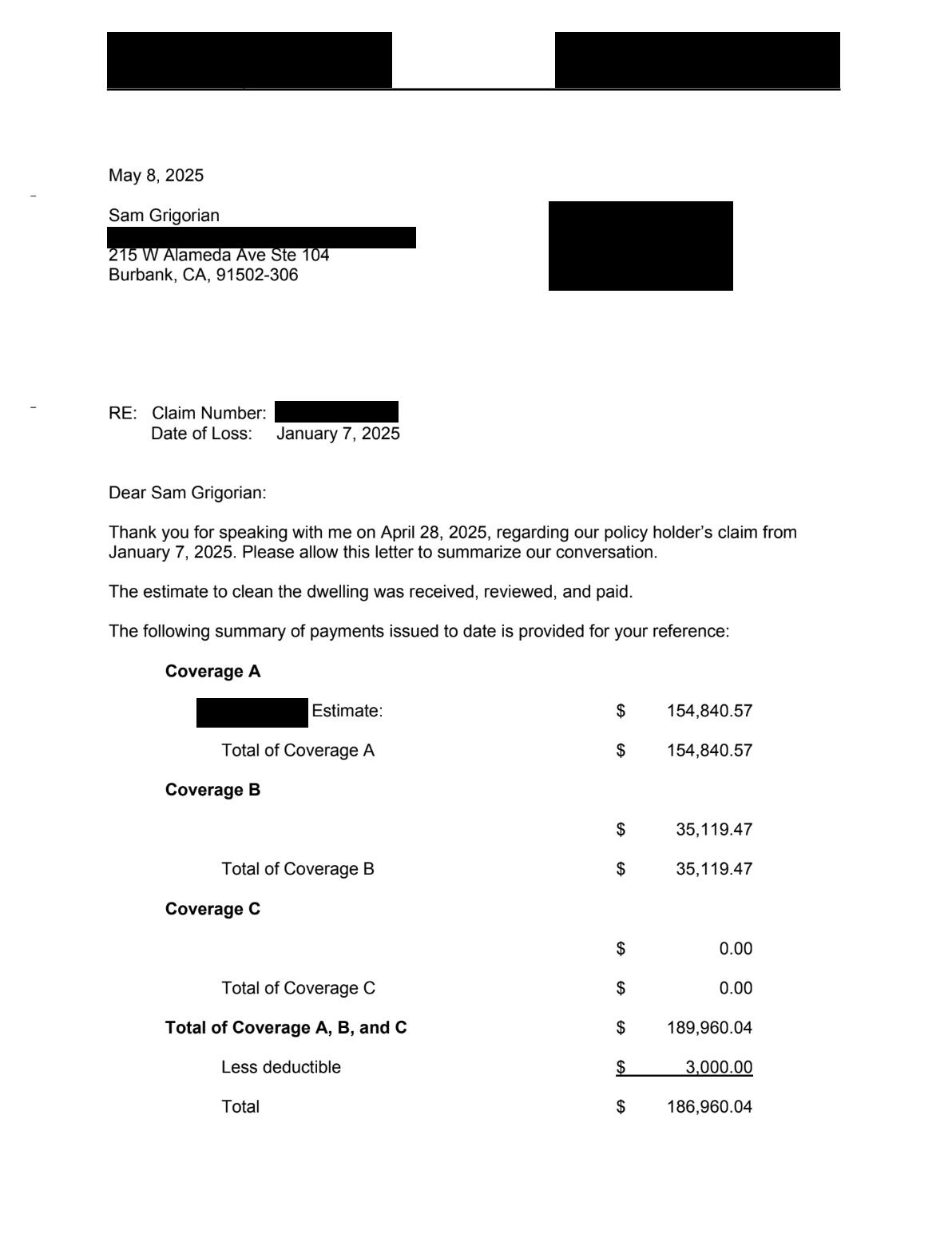 Insurance Settlement Letter