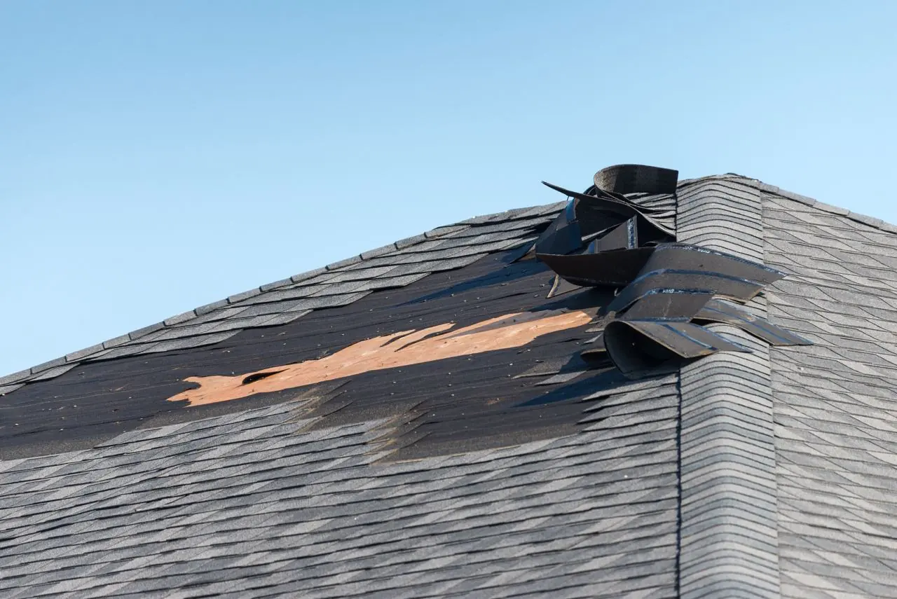 Shingles torn off a roof